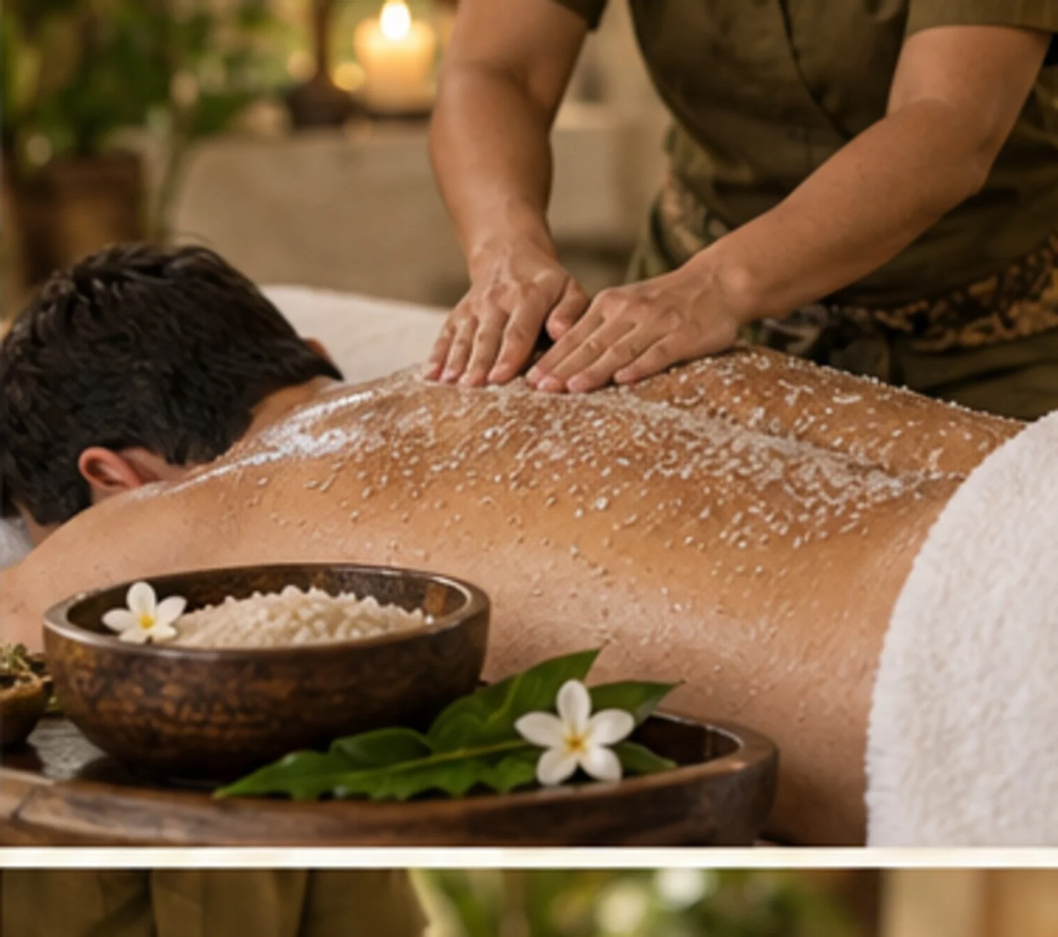 Full Body Massage + Scrub illustrated in our spa brochure